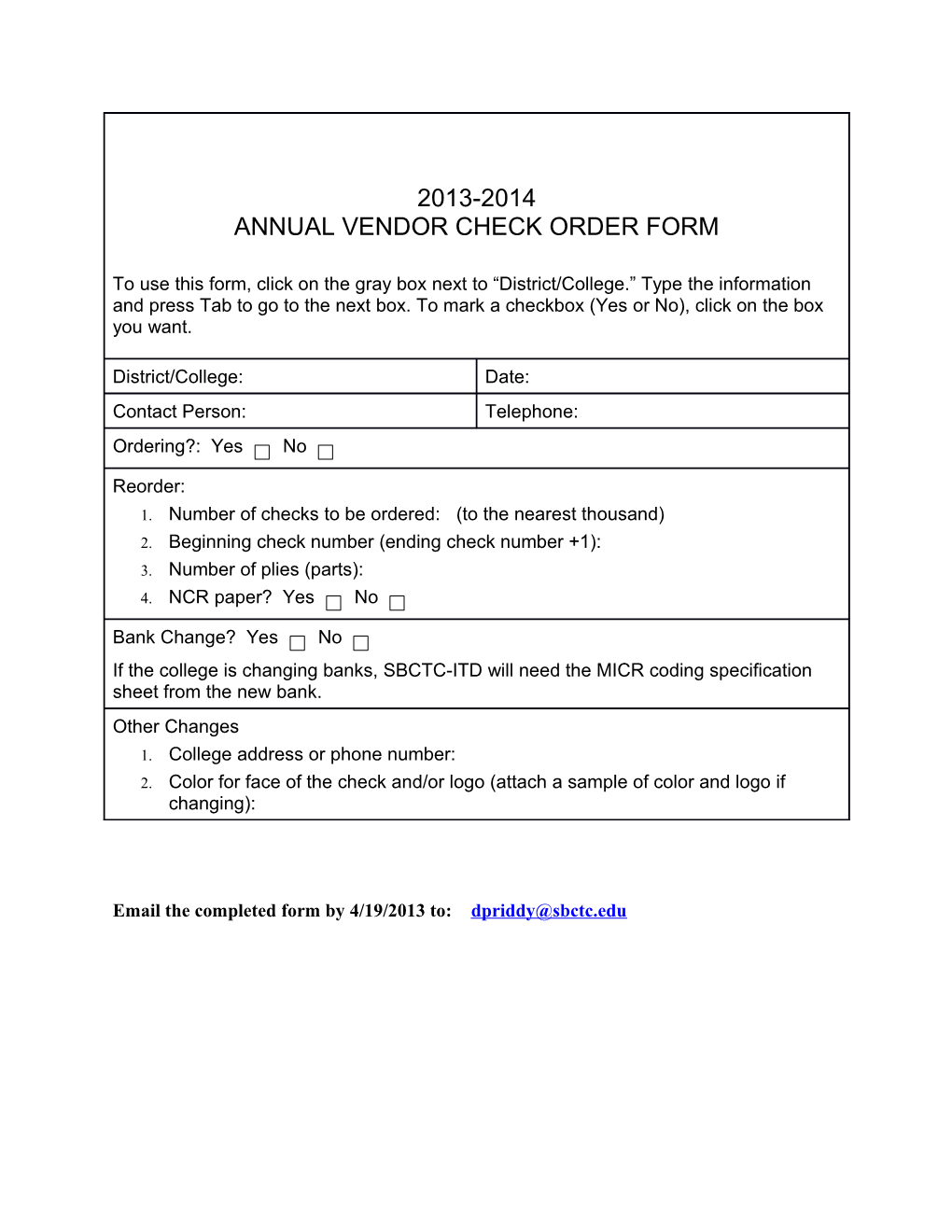 Annual Vendor Check Order Form 1314