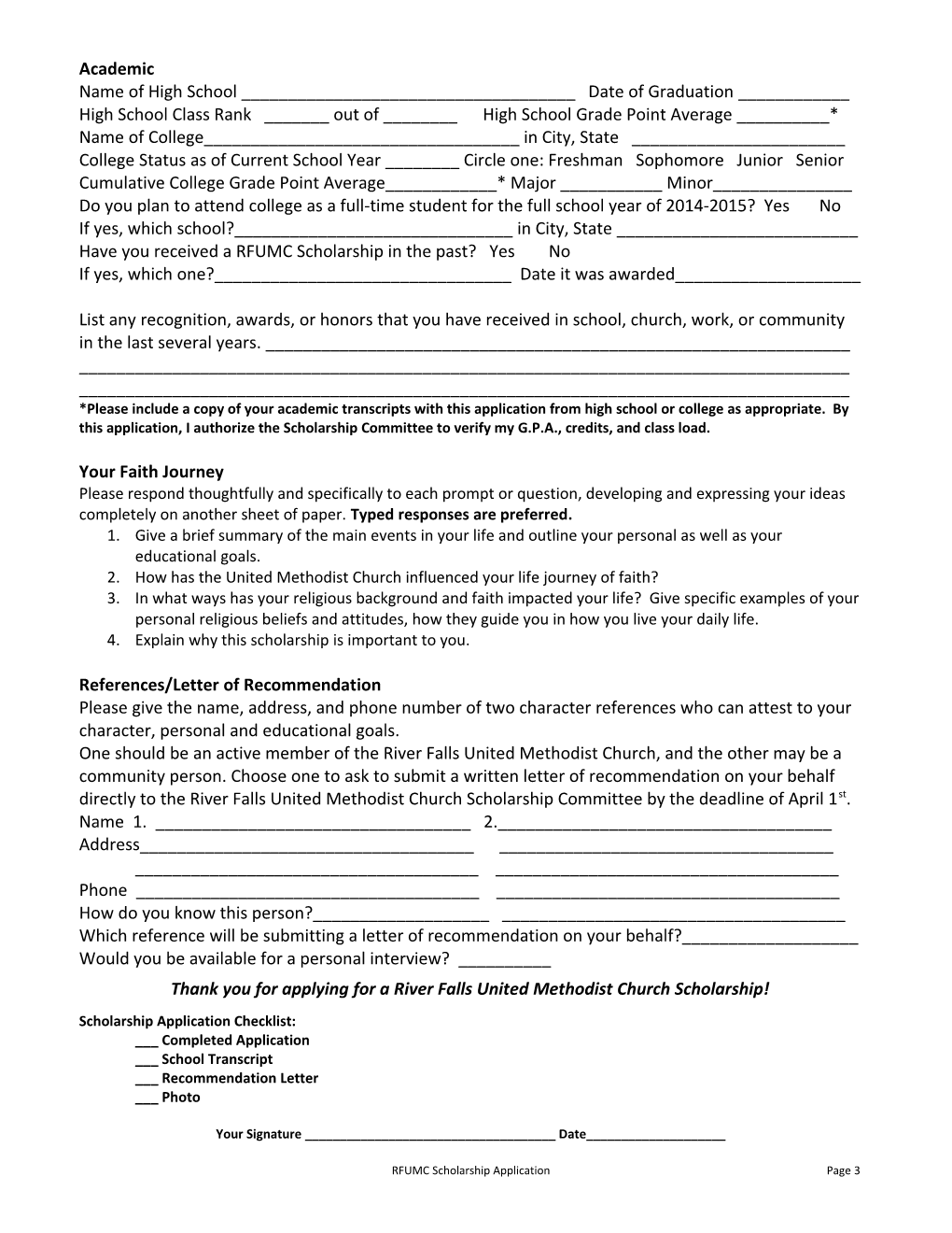 United Methodist Church Scholarship Application 2014 - 2015