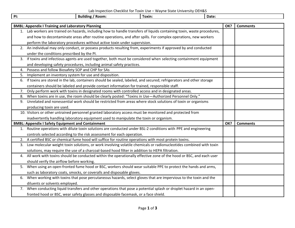 Lab Inspection Checklist for Toxin Use Wayne State University OEH&S
