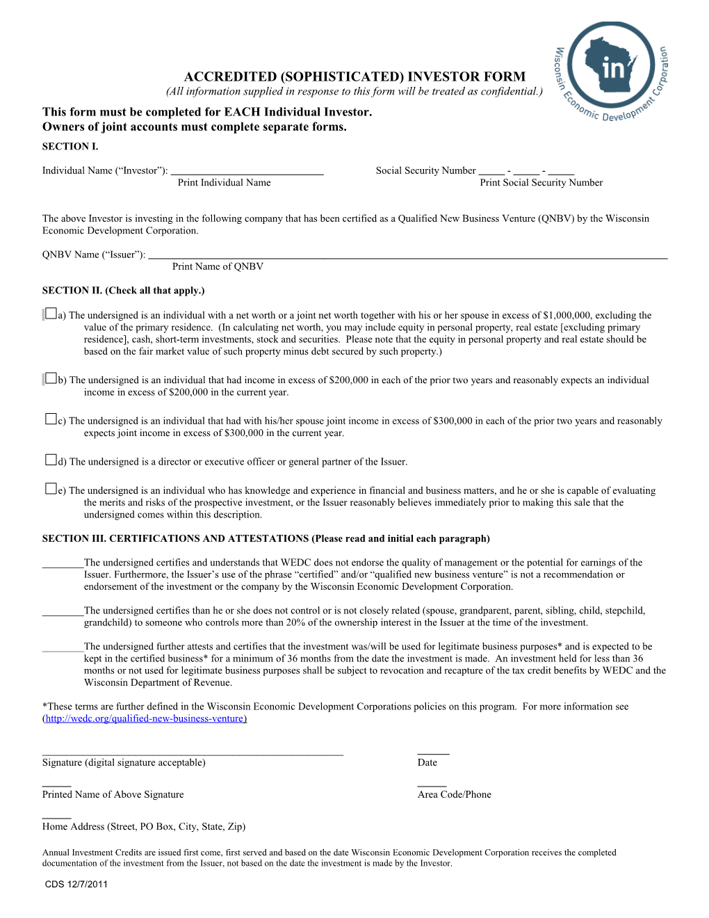 Accredited (Sophisticated) Investor Form