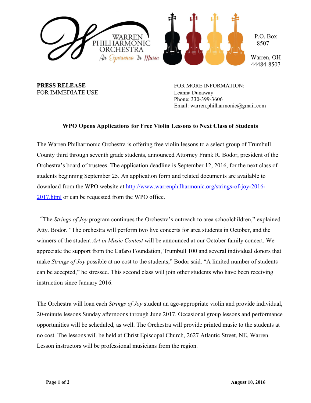 WPO Press Release: WPO Opens Applications for Free Violin Lessons to Next Class of Students