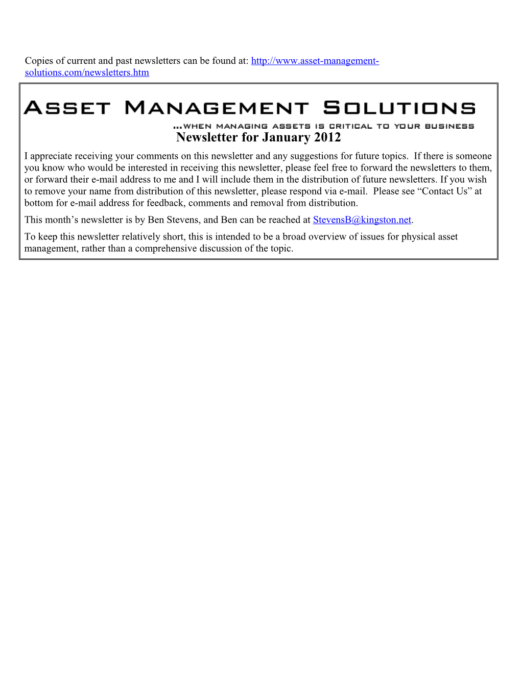 Asset Management Solutions Newsletter for January 2012
