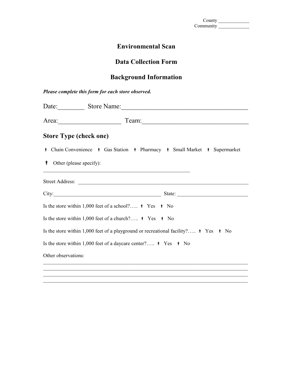 Please Complete This Form for Each Store Observed