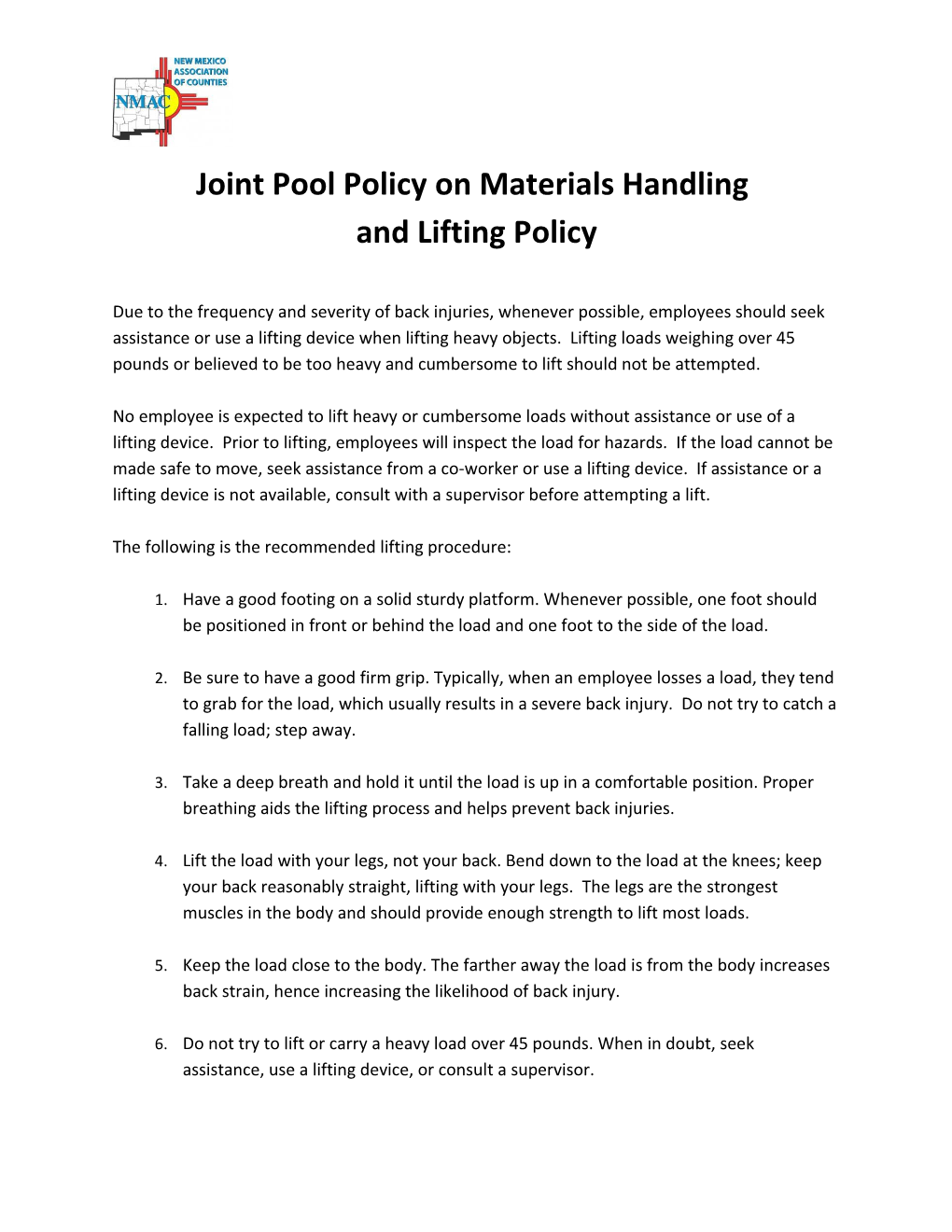 Joint Pool Policy on Materials Handling