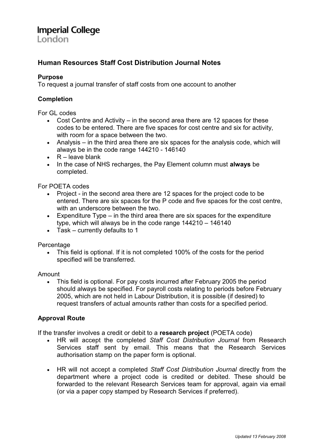 Human Resources Staff Cost Distribution Journal Notes