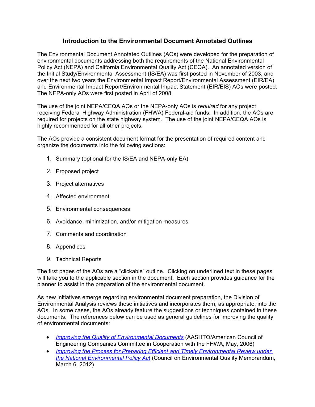 Introduction to the Environmental Document Annotated Outlines