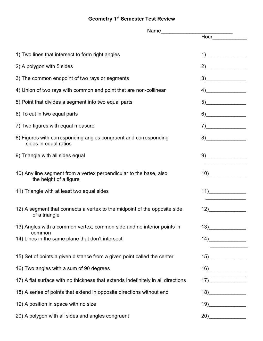 Geometry 1St Semester Test Review