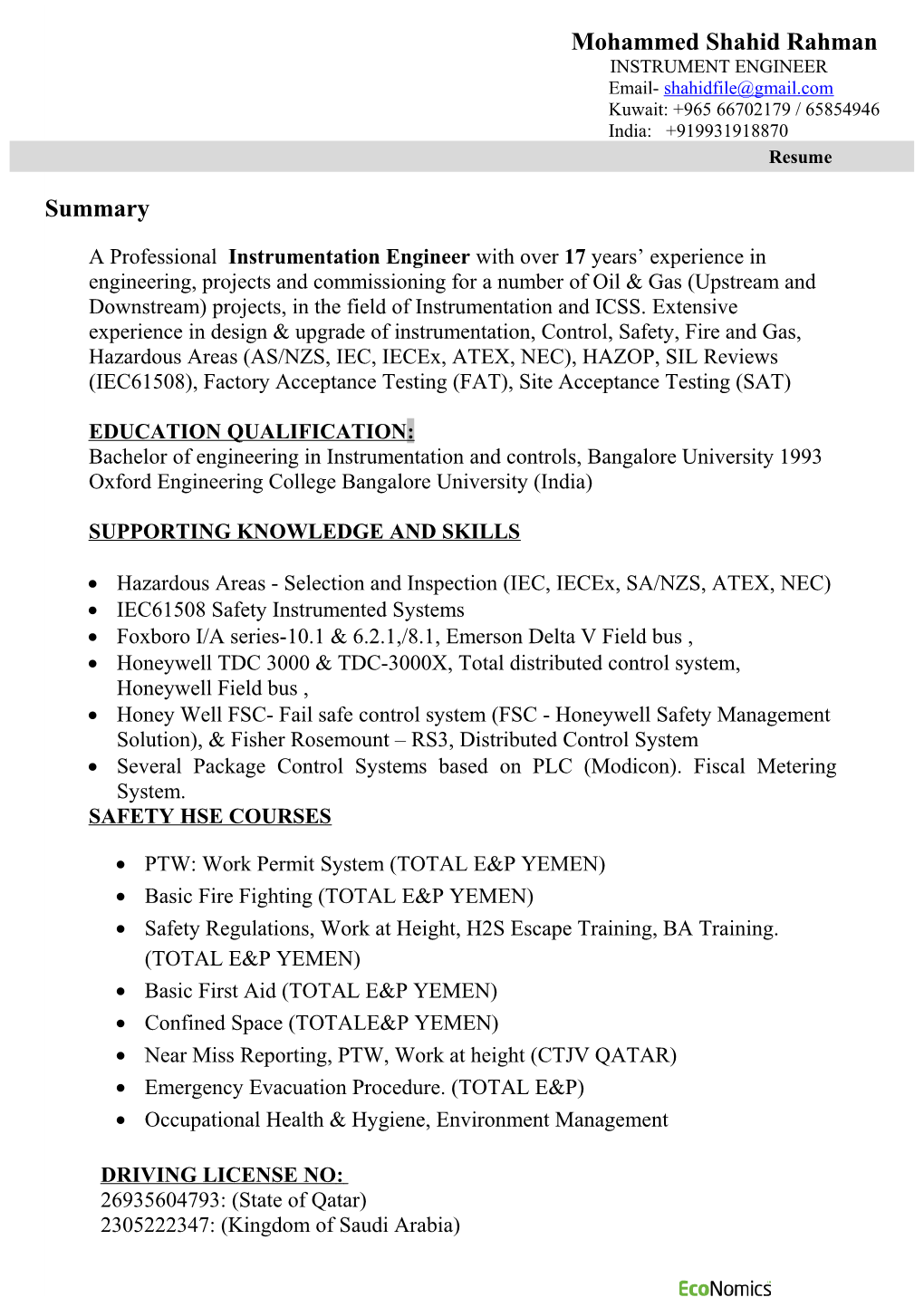 Resume of Mohammed Shahid Rahman