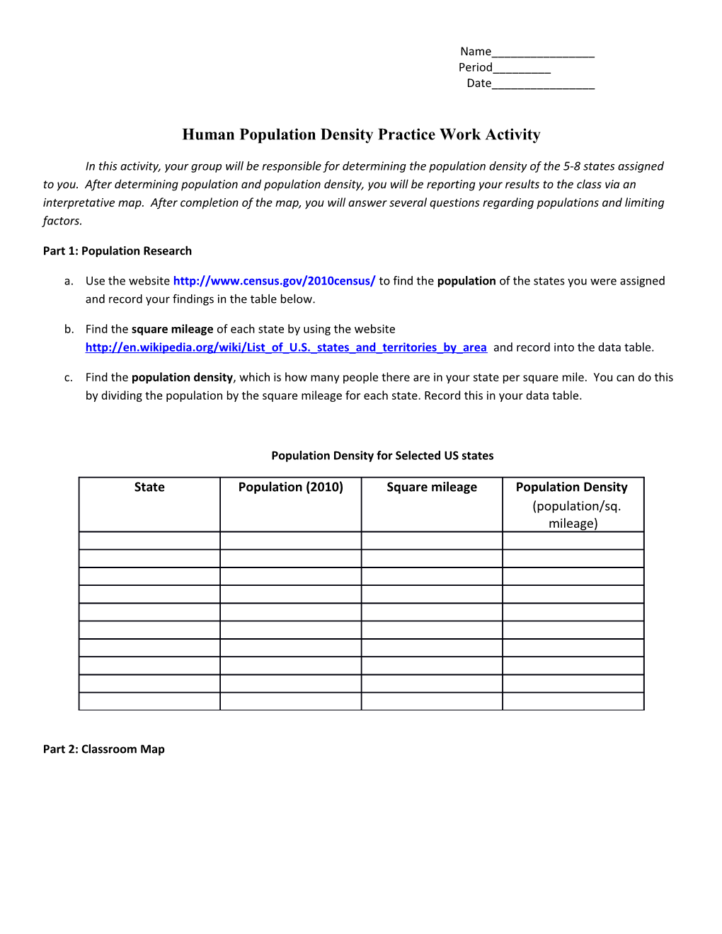 Human Population Density Practice Work Activity s1