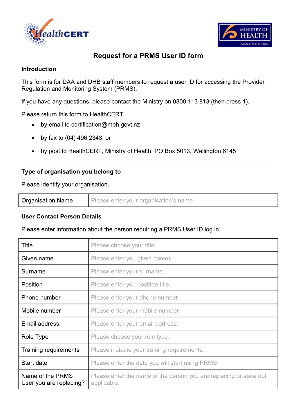 Request for a PRMS User ID Form