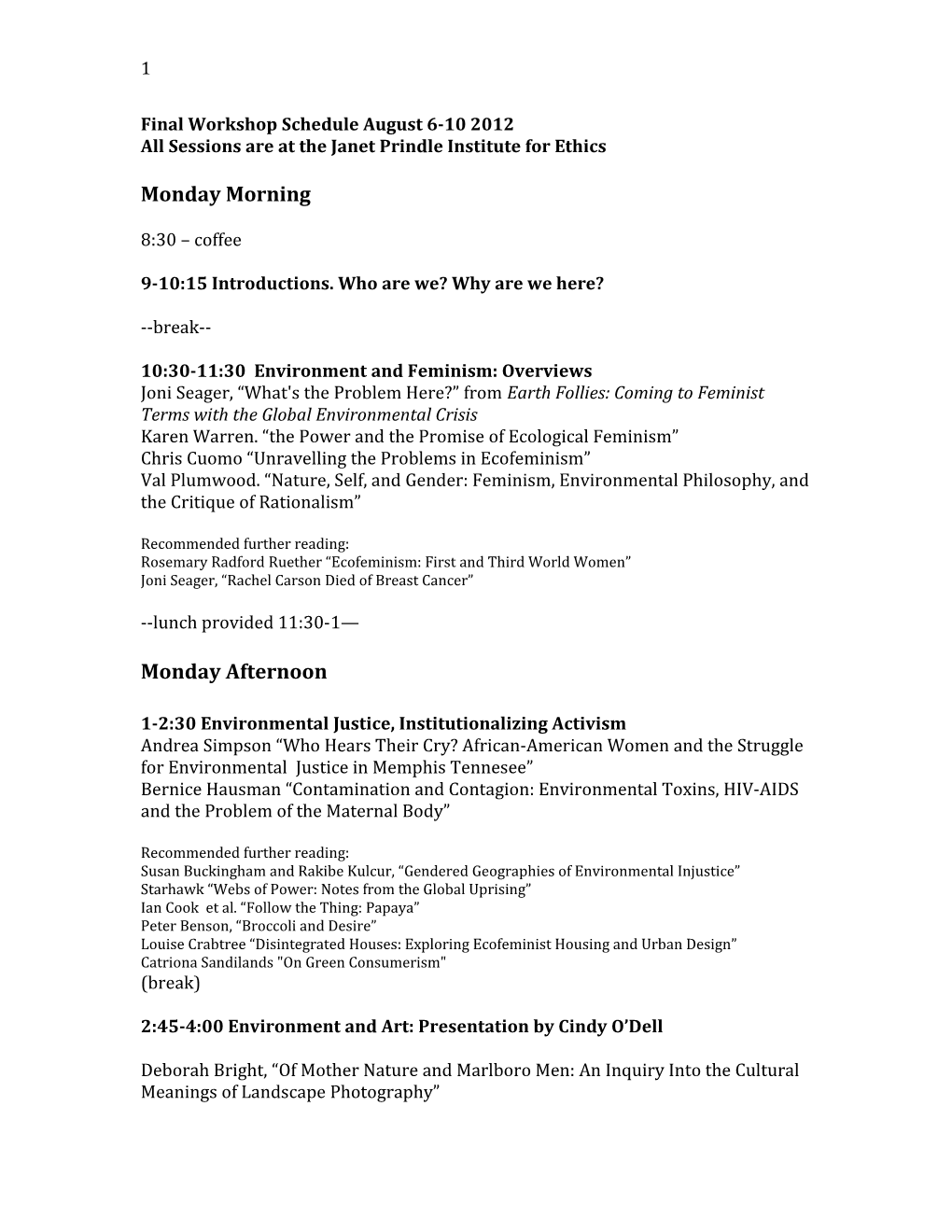 Final Workshop Schedule August 6-10 2012