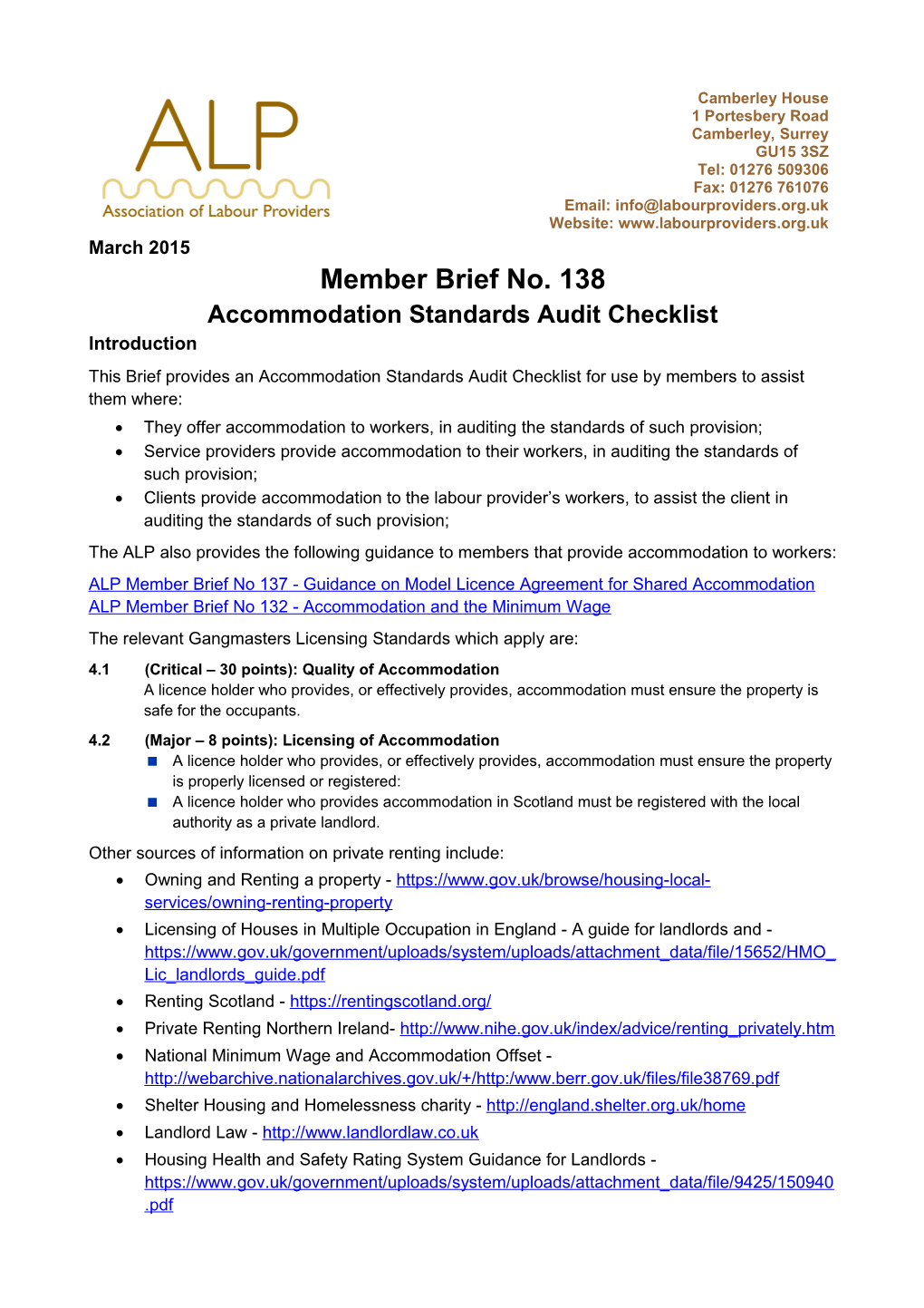 Accommodation Standards Audit Checklist