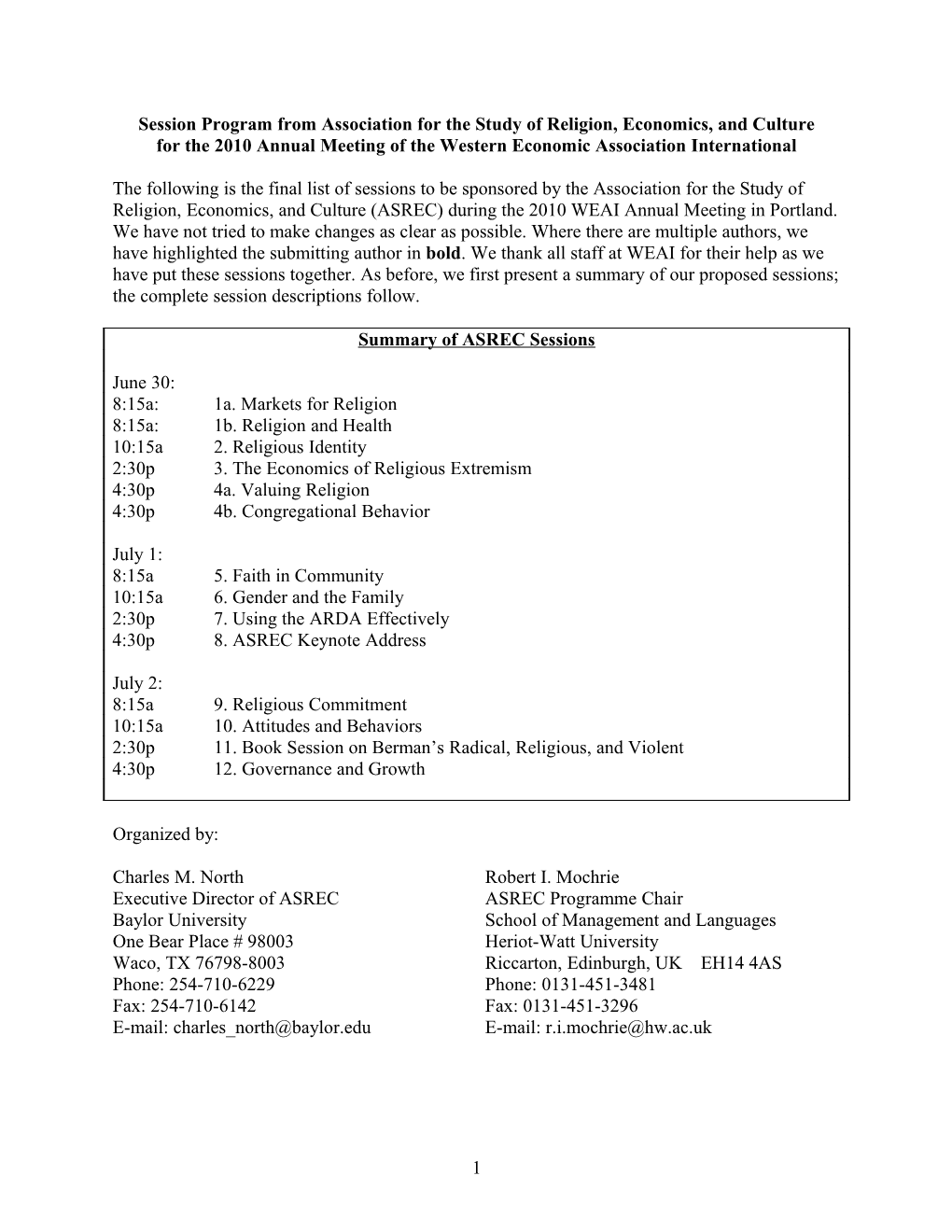 Session Program from Association for the Study of Religion, Economics, and Culture