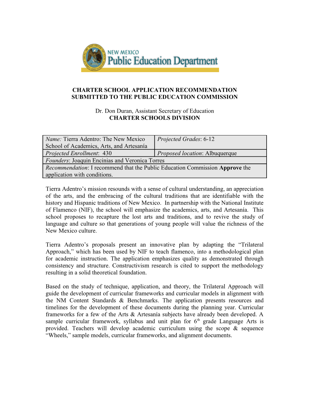 Charter School Application Recommendation