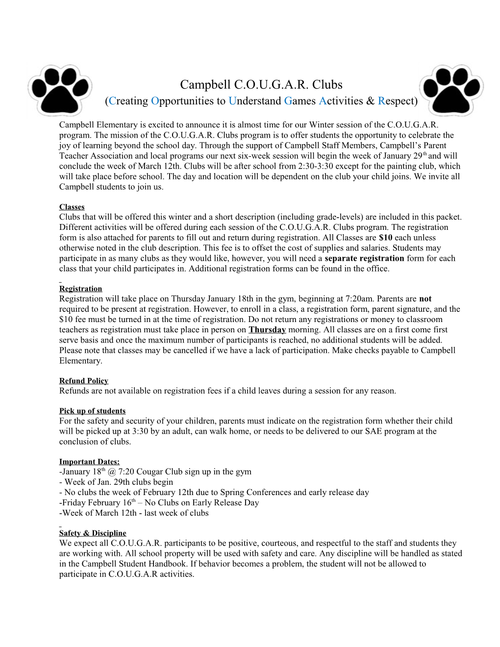 Cougar Clubs Offered This Winter