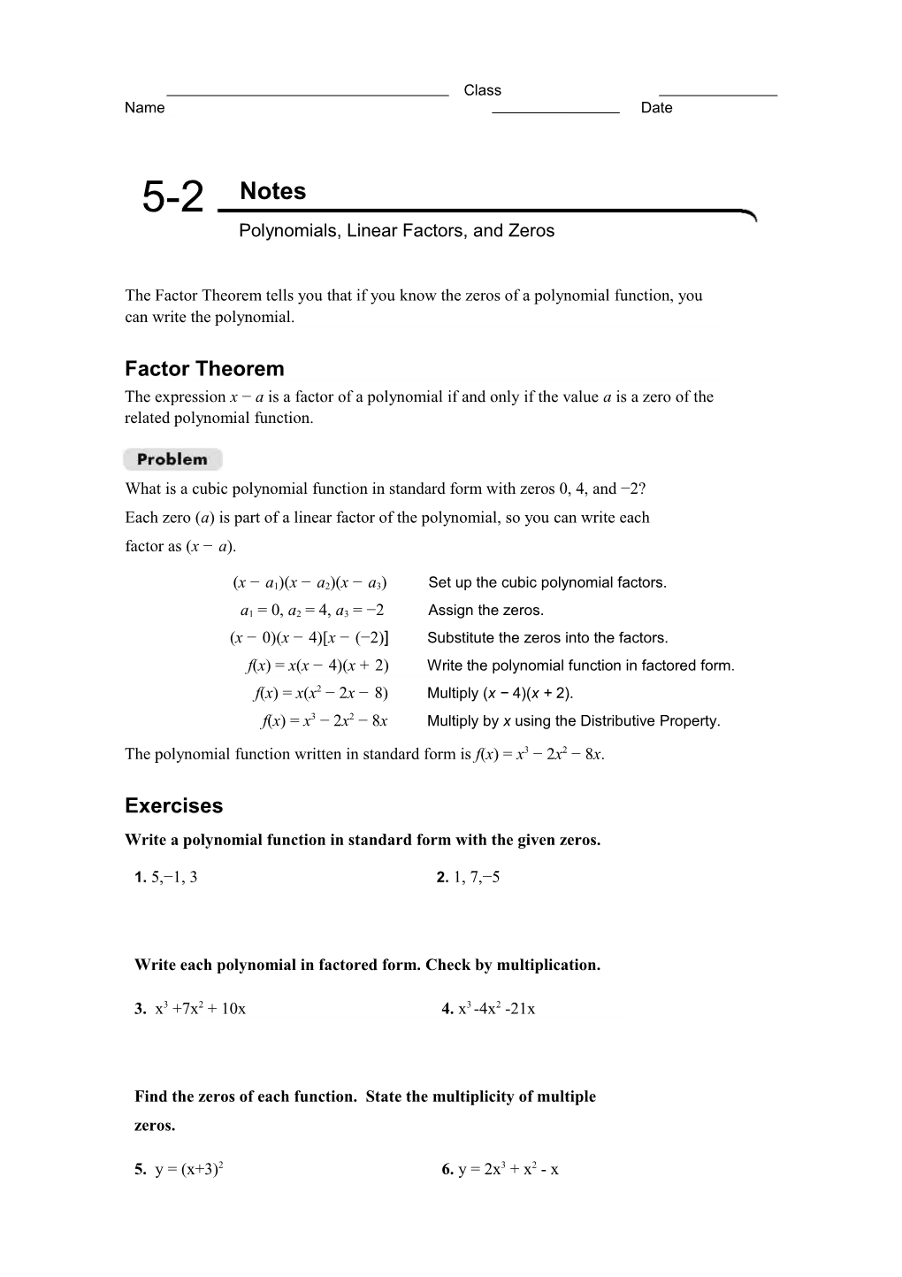 Polynomials, Linear Factors, and Zeros