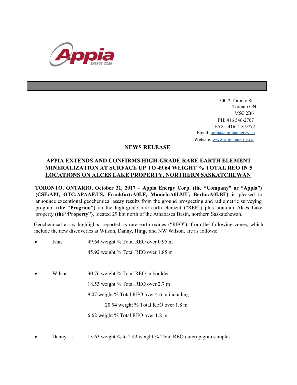 Appia Extends and Confirms High-Grade Rare Earth Elementmineralization at Surface up To