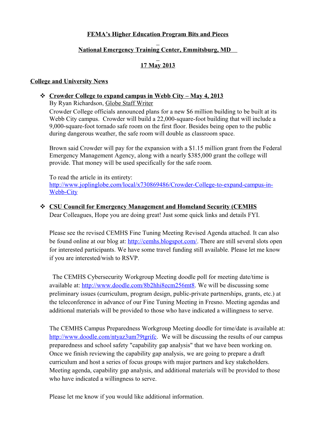 FEMA S Higher Education Program Bits and Pieces s8