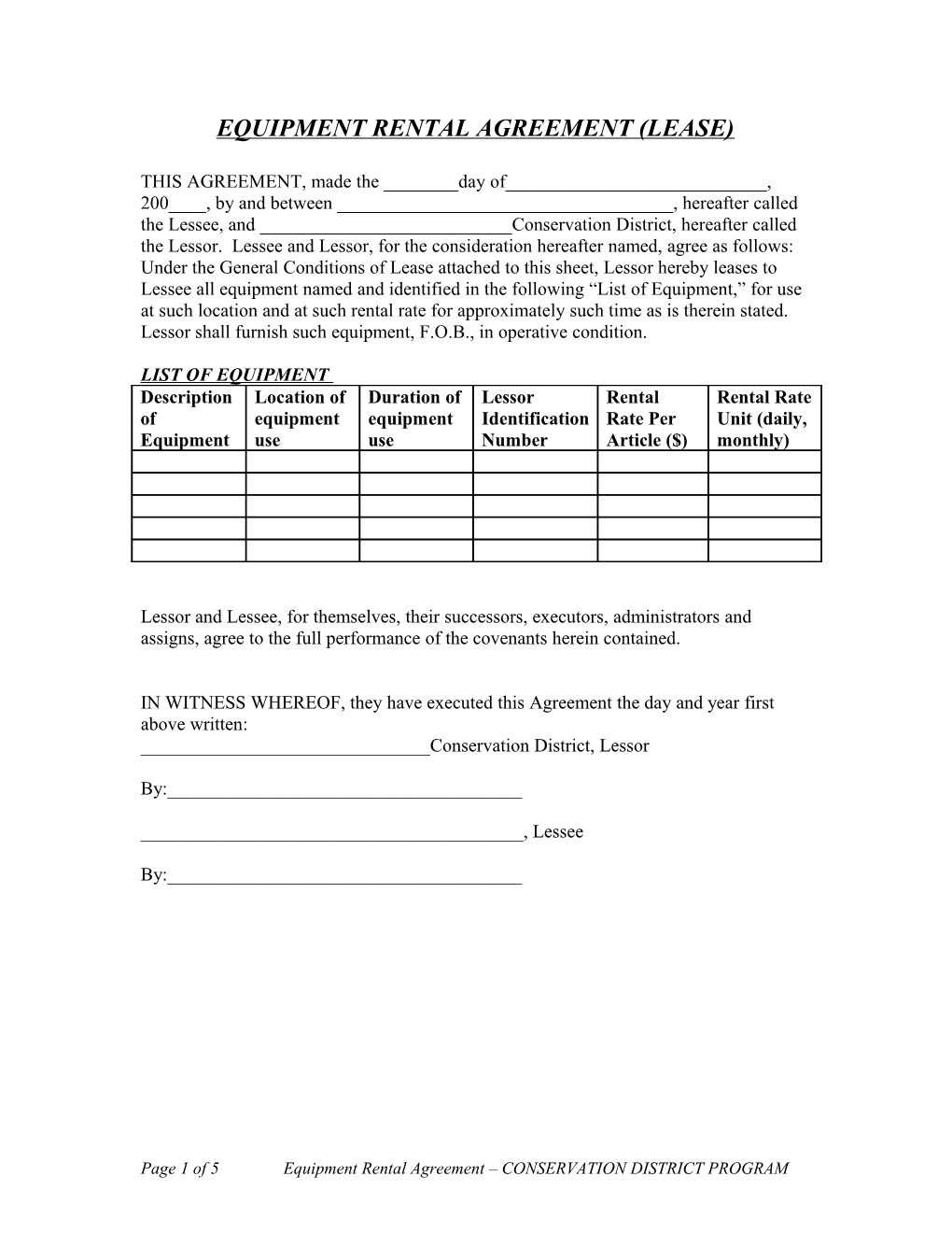 Equipment Rental Agreement (Lease)