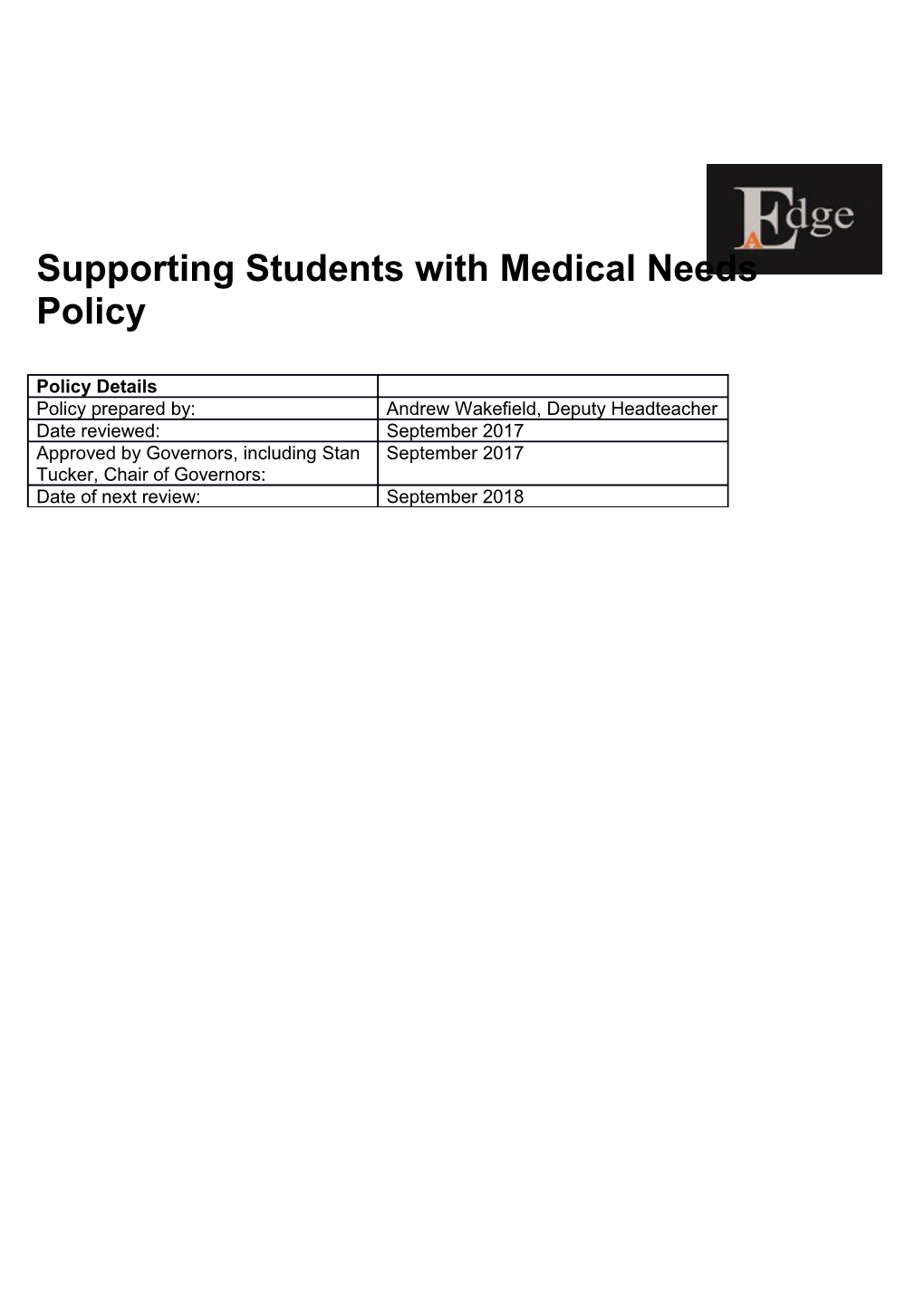 Supporting Students with Medical Needs Policy
