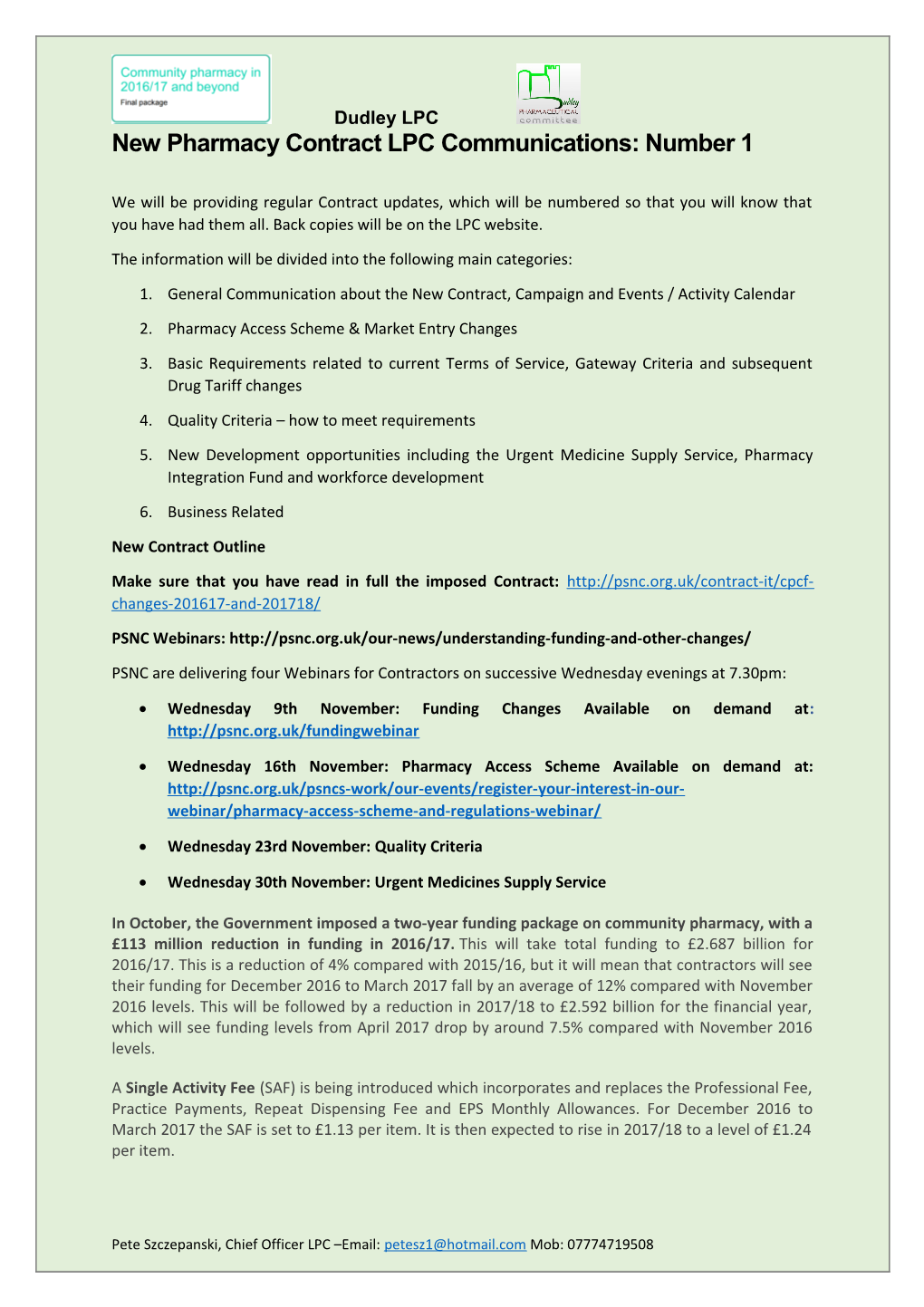 New Pharmacy Contract LPC Communications: Number 1