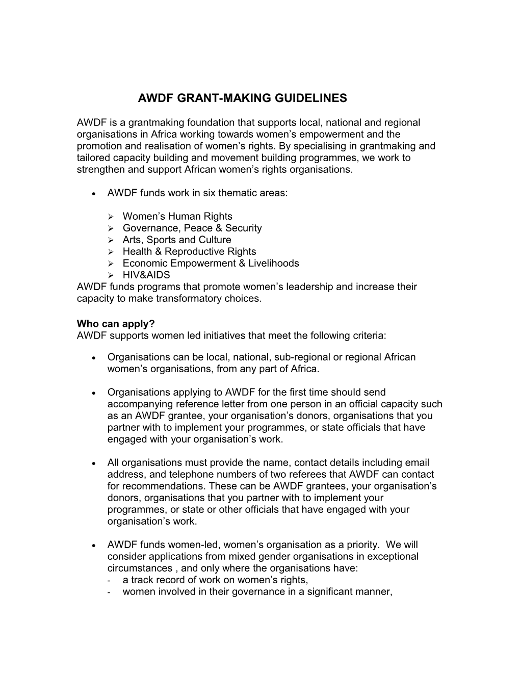 Awdf Grant-Making Guidelines