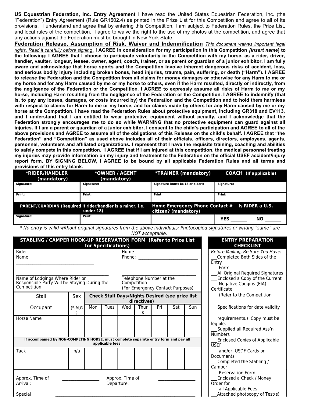 1999 USDF Region 1 Competition Entry Form - Back Page