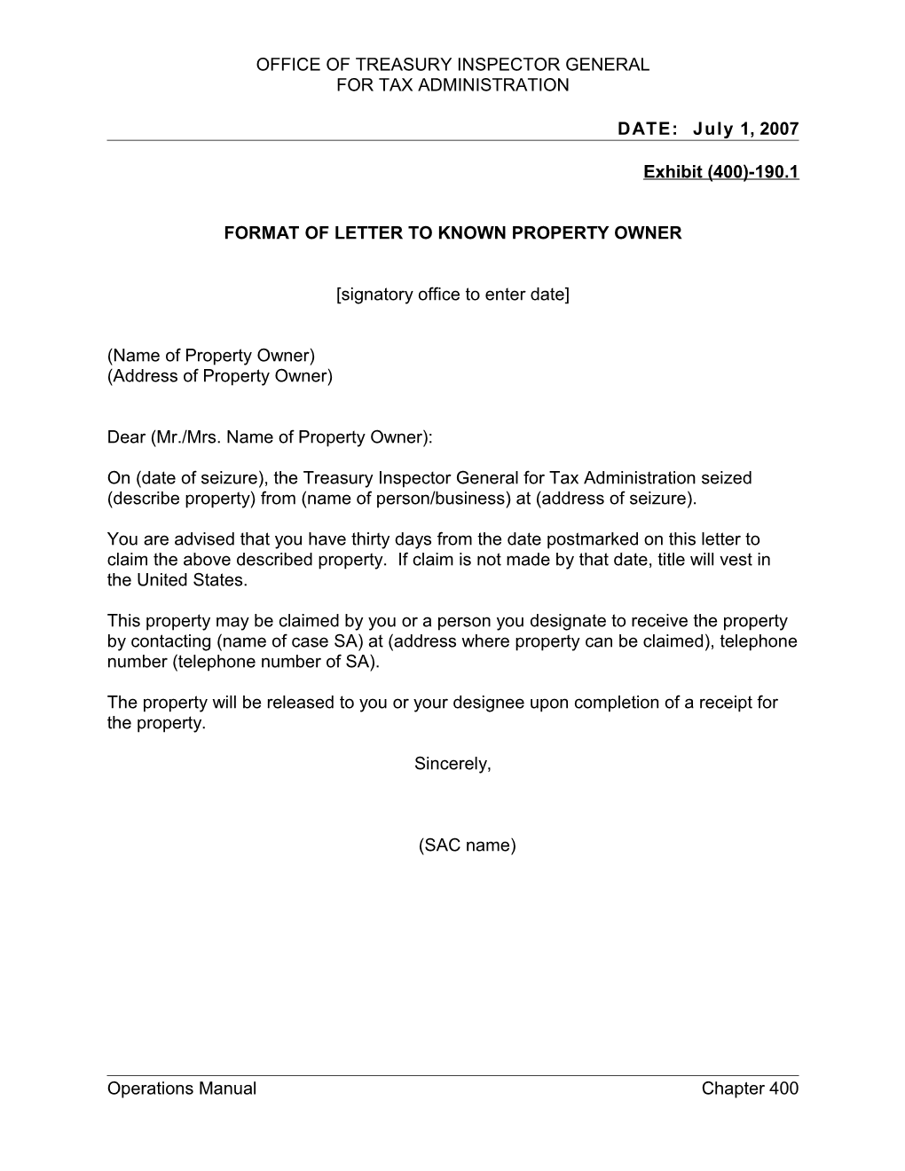 Format of Letter to Known Property Owner