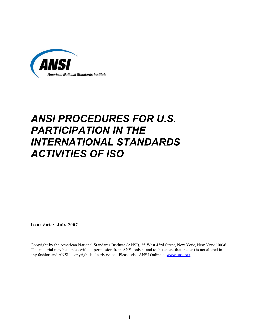 ANSI Procedures for U.S. Participation in the International Standards Activities of ISO (2007)