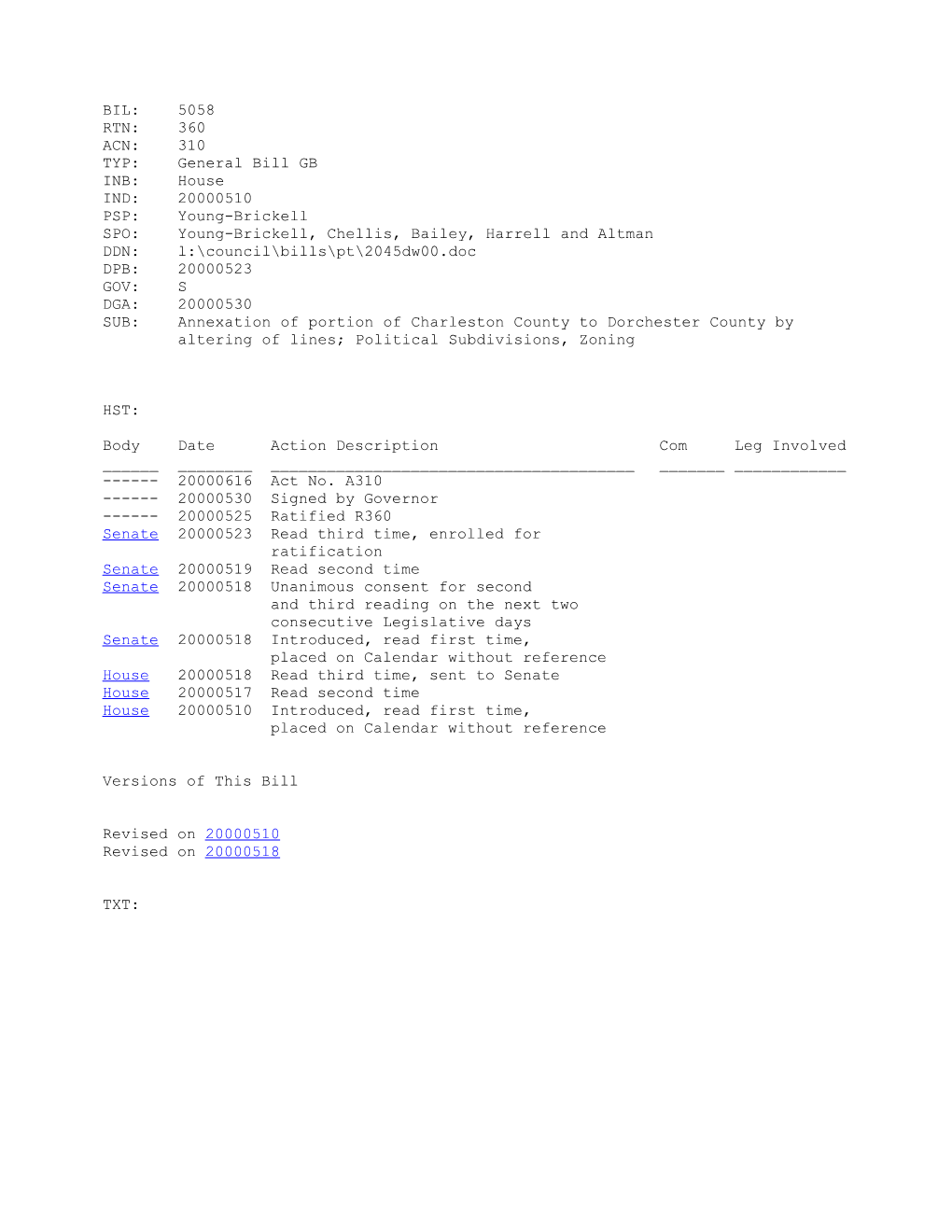 1999-2000 Bill 5058: Annexation of Portion of Charleston County to Dorchester County By