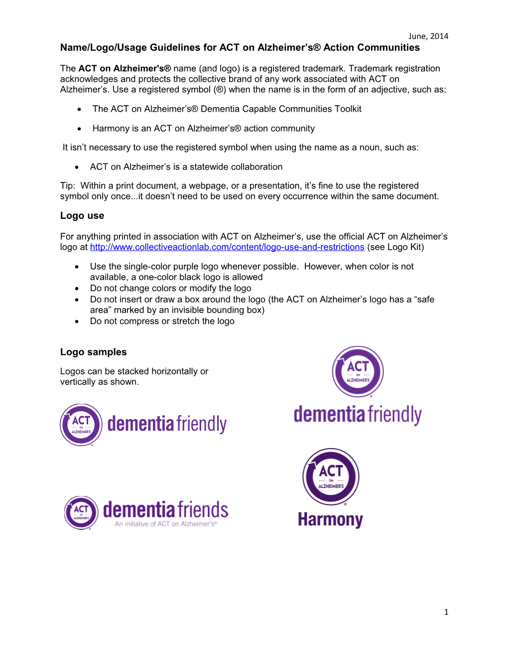 Name/Logo/Usage Guidelines for ACT on Alzheimer S Action Communities