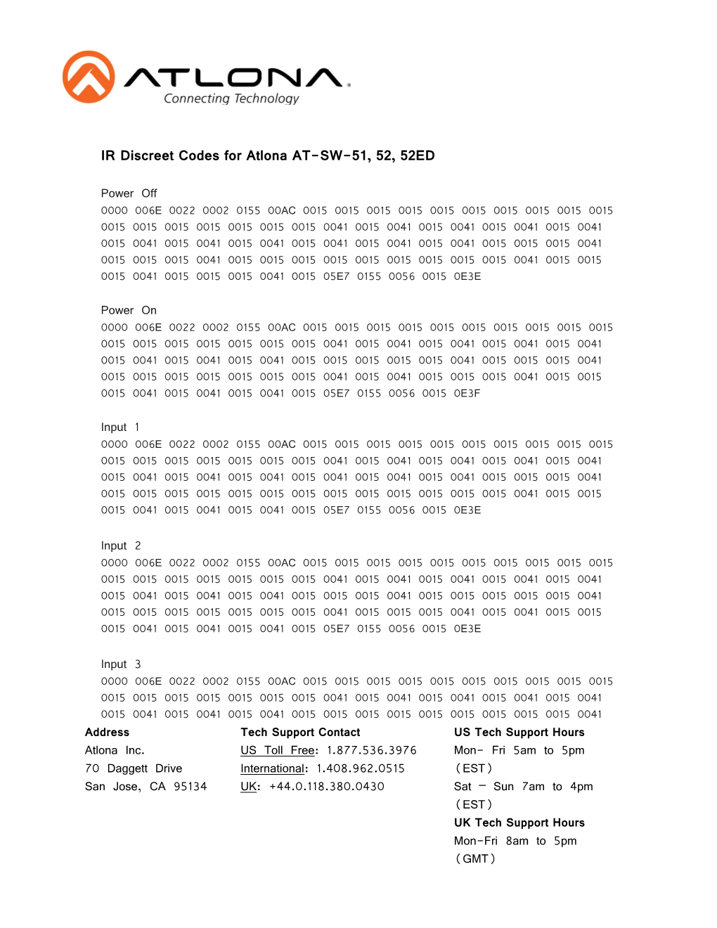 IR Discreet Codes for Atlona AT-SW-51, 52, 52ED