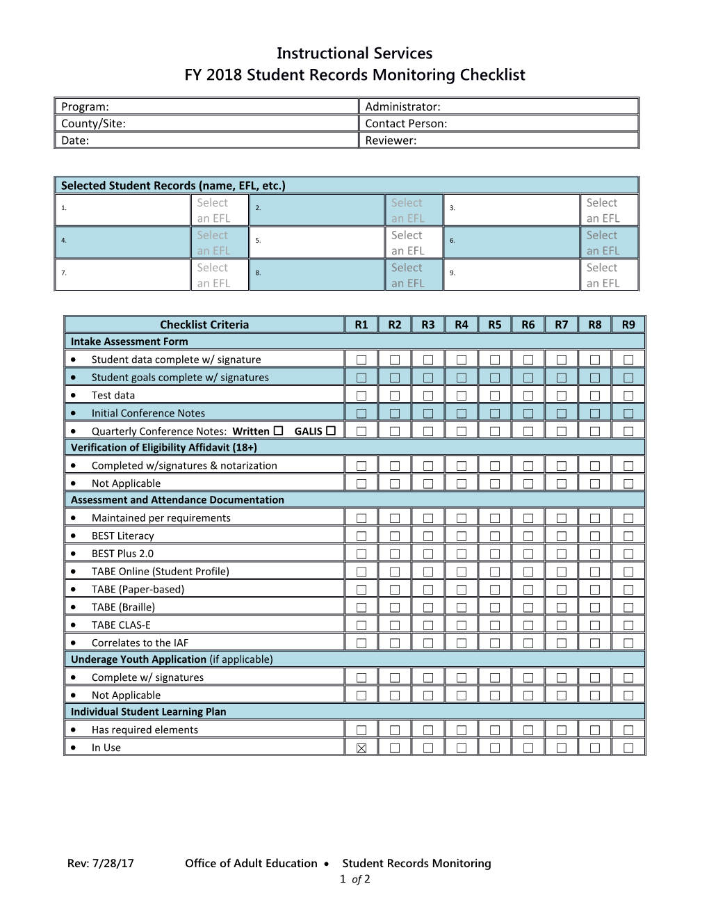 FY 2018 Student Records Monitoring Checklist