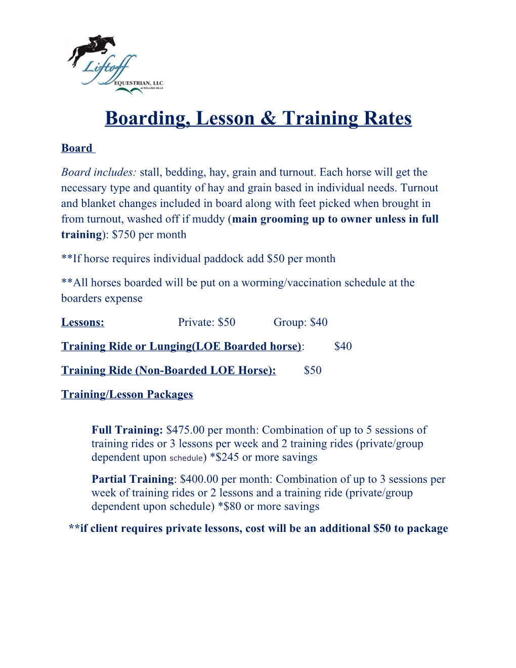 Boarding, Lesson & Training Rates