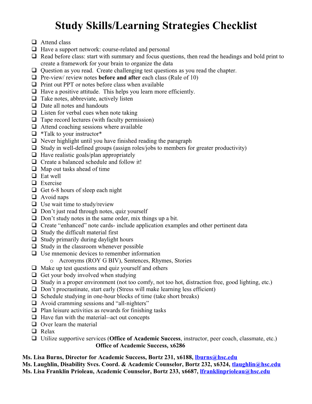 Study Skills/Learning Strategies Checklist