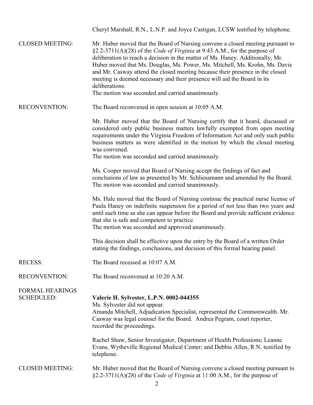 Nursing-Minutes of May 16, 2007, Formal Hearings