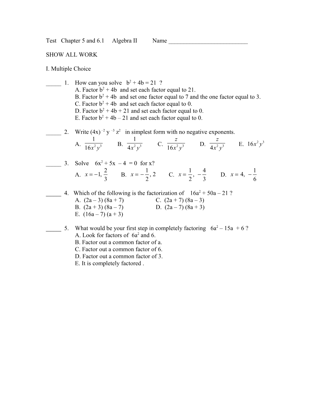 Test Factoring Sections 5