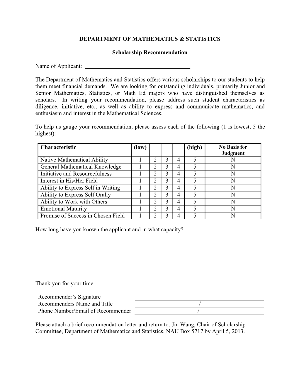 DEPARTMENT of MATHEMATICS STATISTICS Scholarship Recommendation