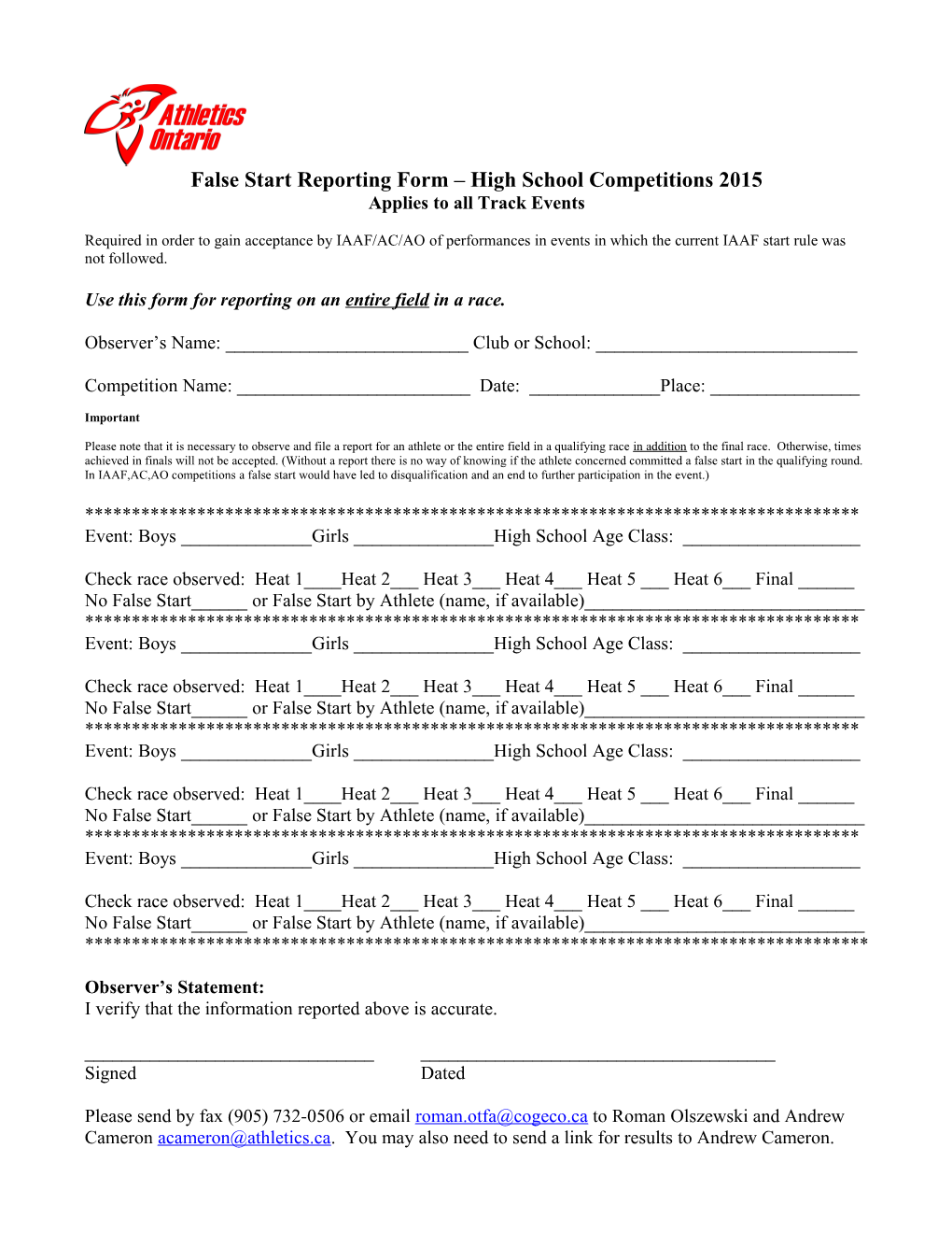 False Starts Reporting Form High School Competitions 2014