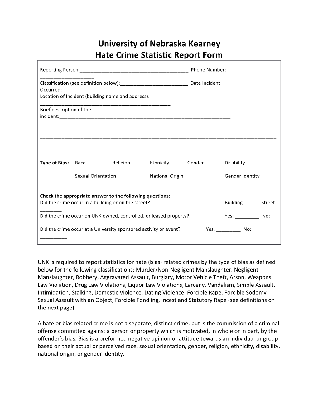 Hate Crime Statistic Report Form