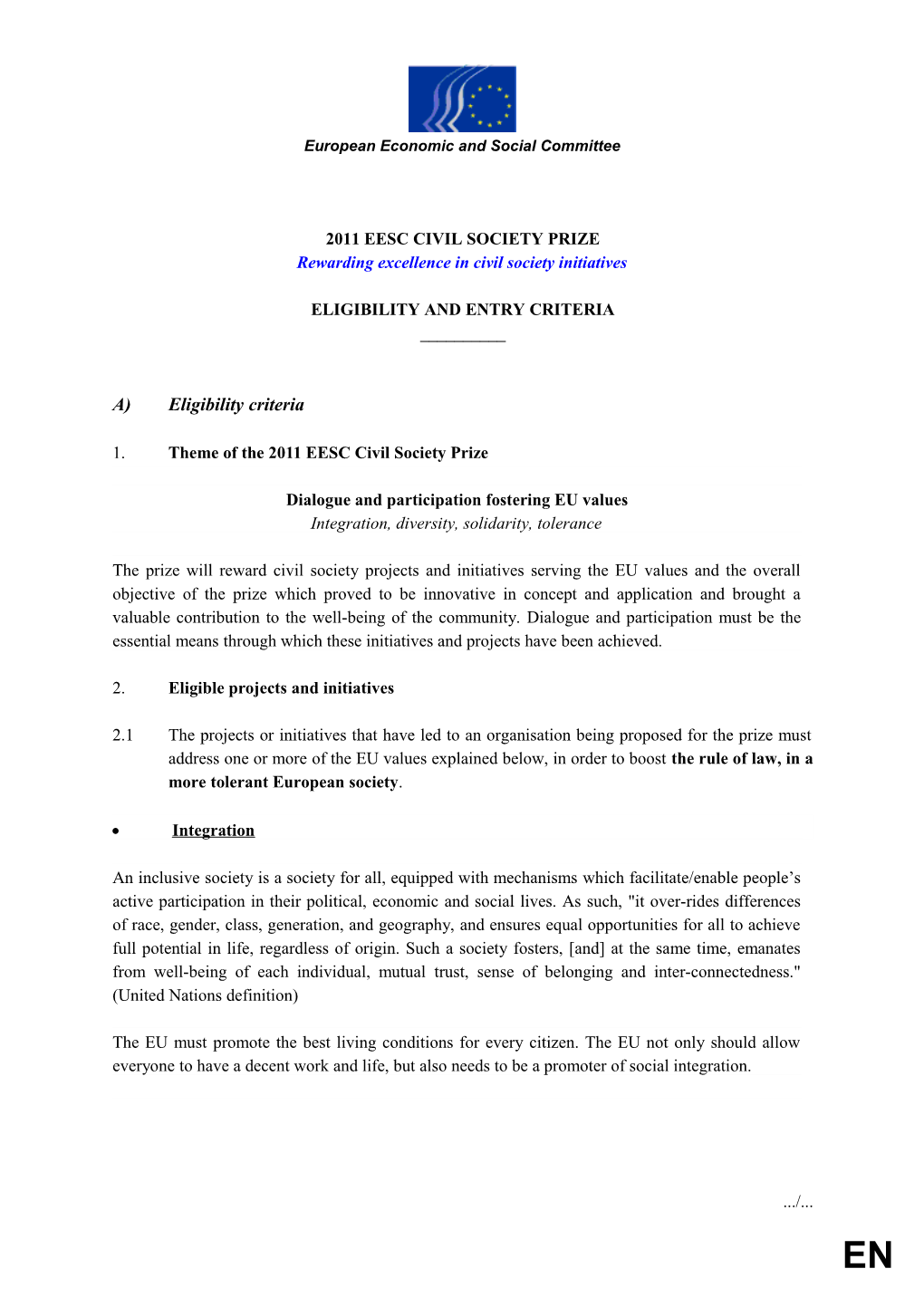 2011 EESC PRIZE for CIVIL SOCIETY: Eligibiliy and Entry Criteria