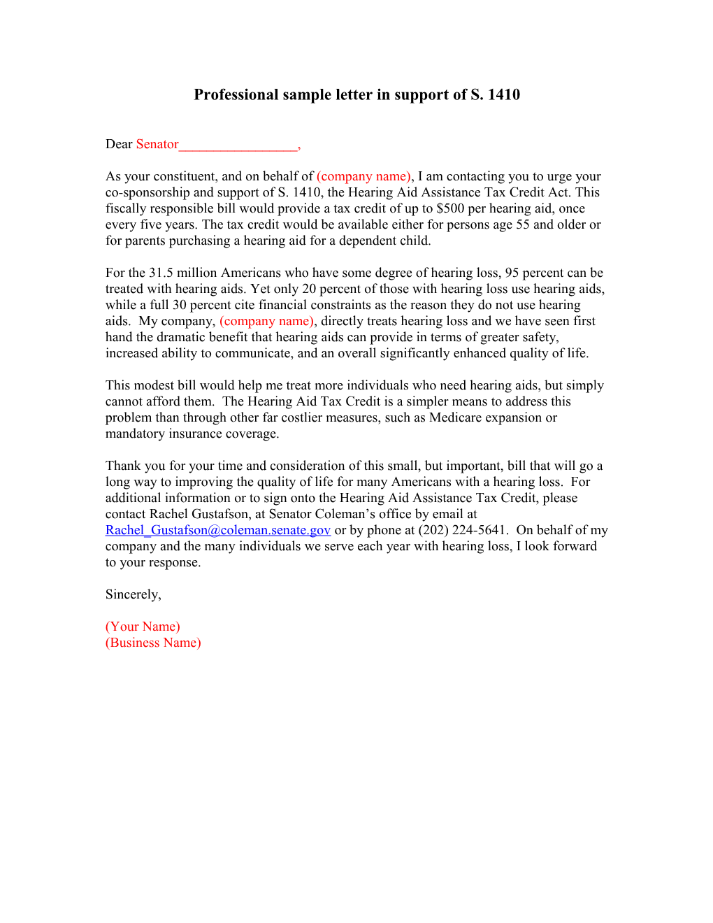 Professional Sample Letter in Support of H