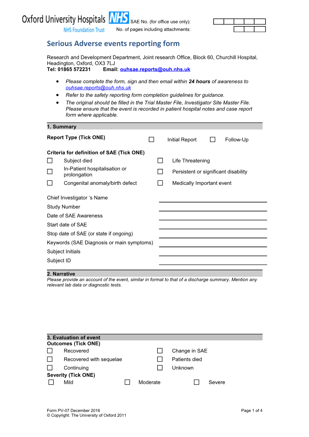 Serious Adverse Events Reporting Form