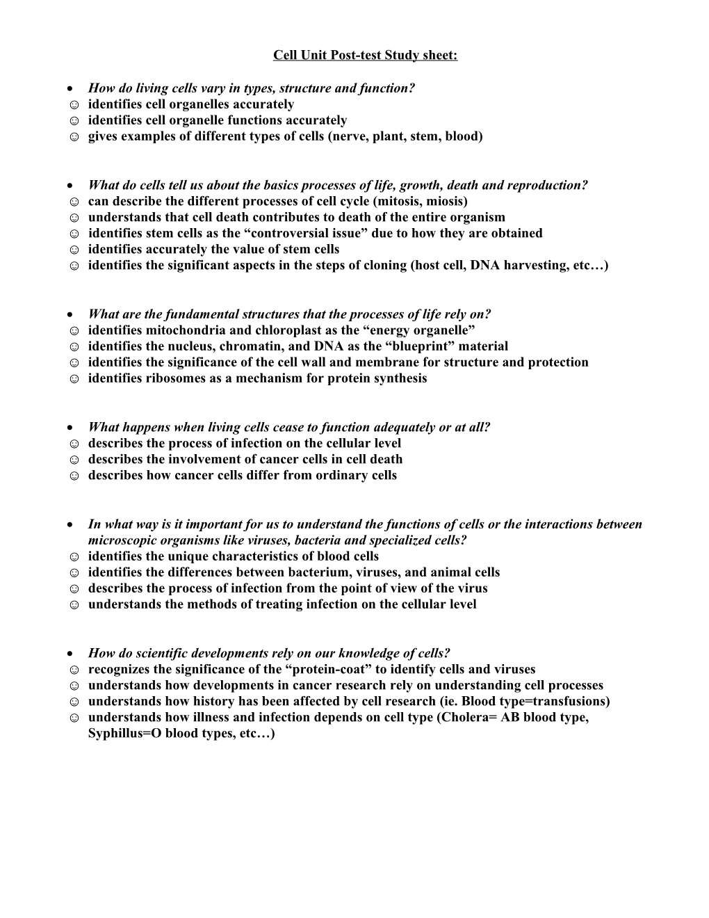 Cell Unit Post-Test Study Sheet