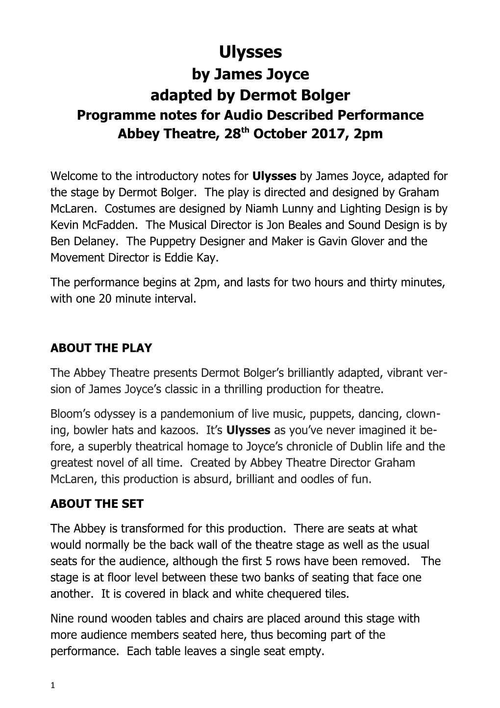 Programme Notes for Audio Described Performance