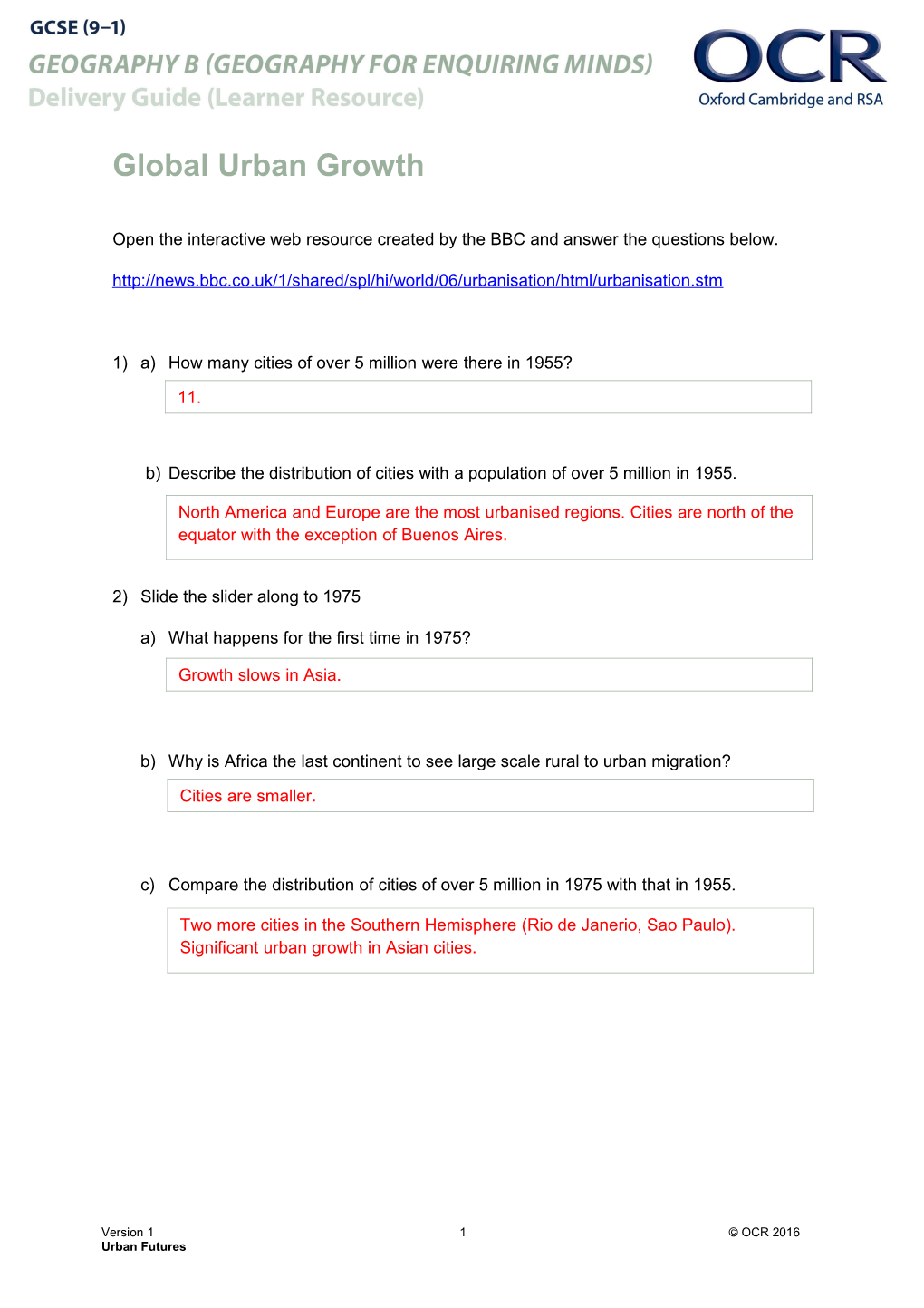 OCR GCSE (9-1) Geography B (Geography for Enquiring Minds) Urban Futures Activity 3 - Answers