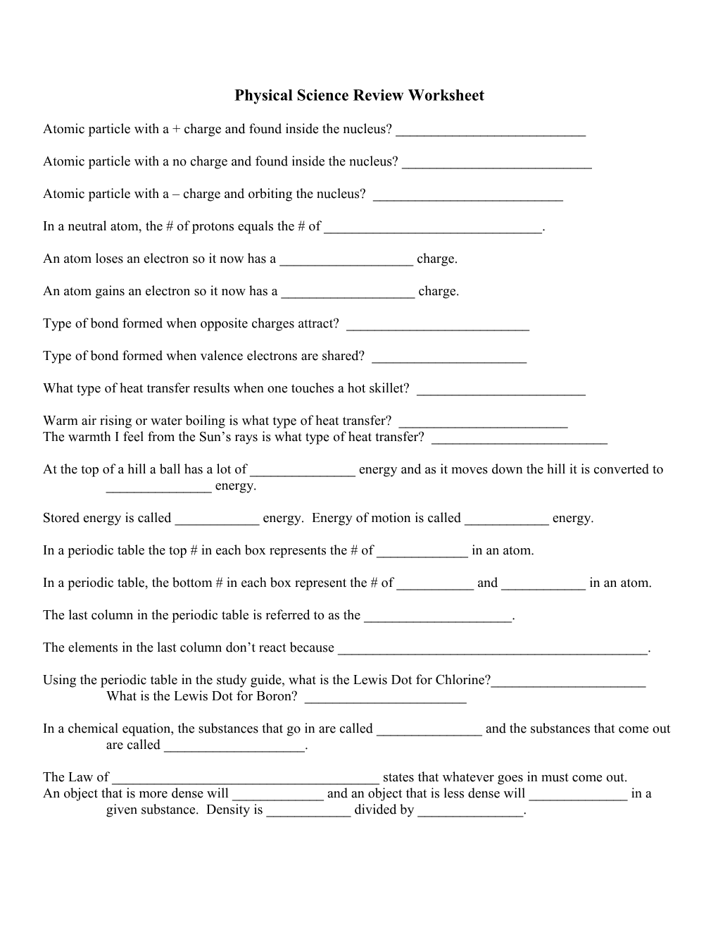 Physical Science Review Worksheet s1