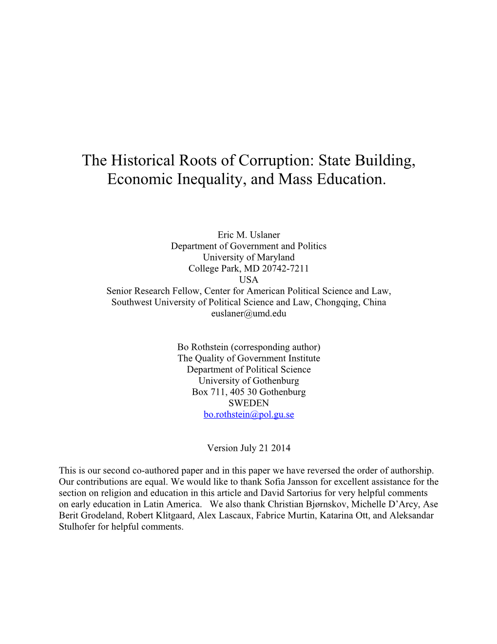 The Historical Roots of Corruption: State Building, Economic Inequality, and Mass Education
