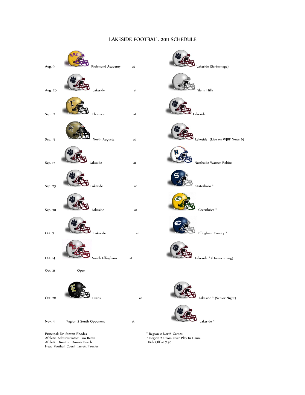 Lakeside Football 2011 Schedule