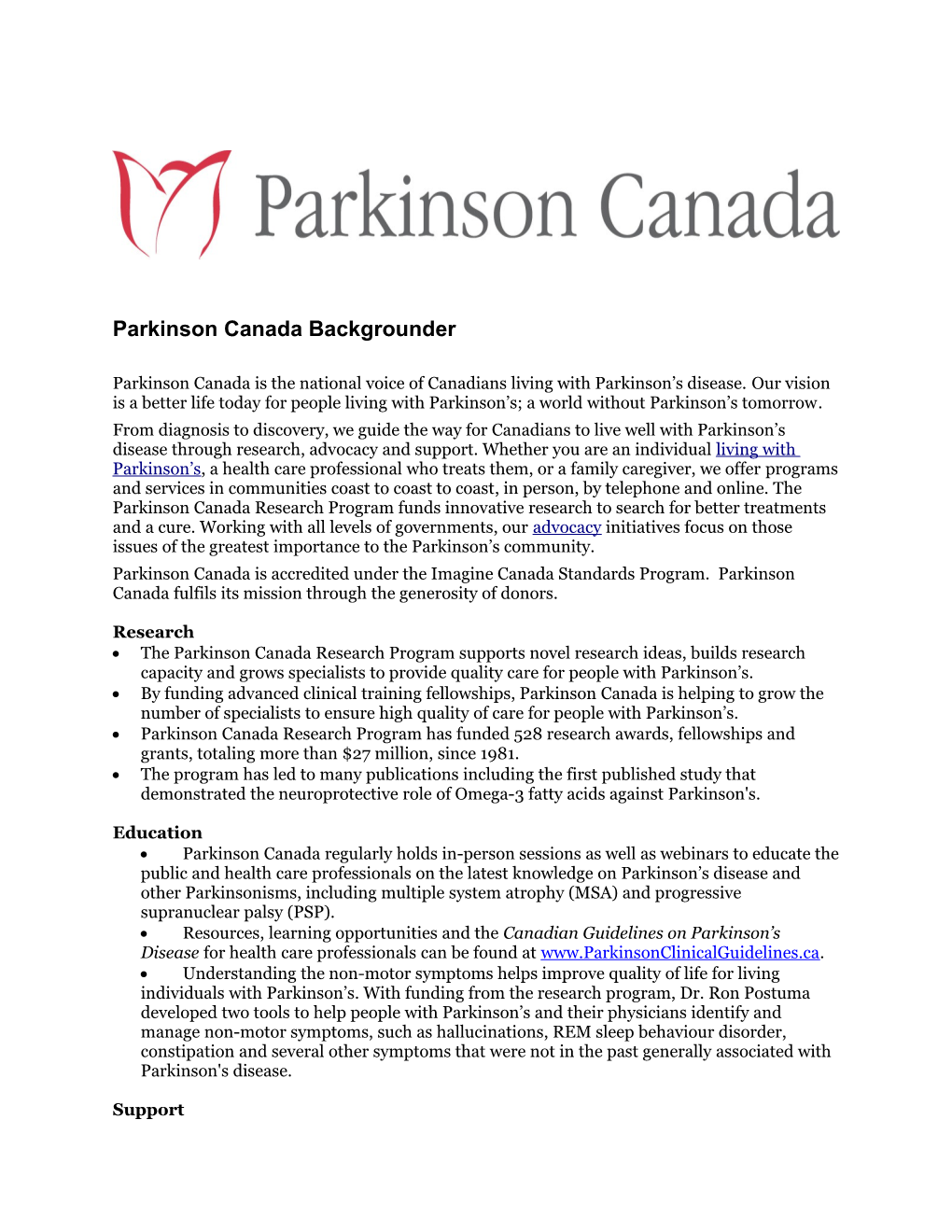 Parkinson Canada Backgrounder